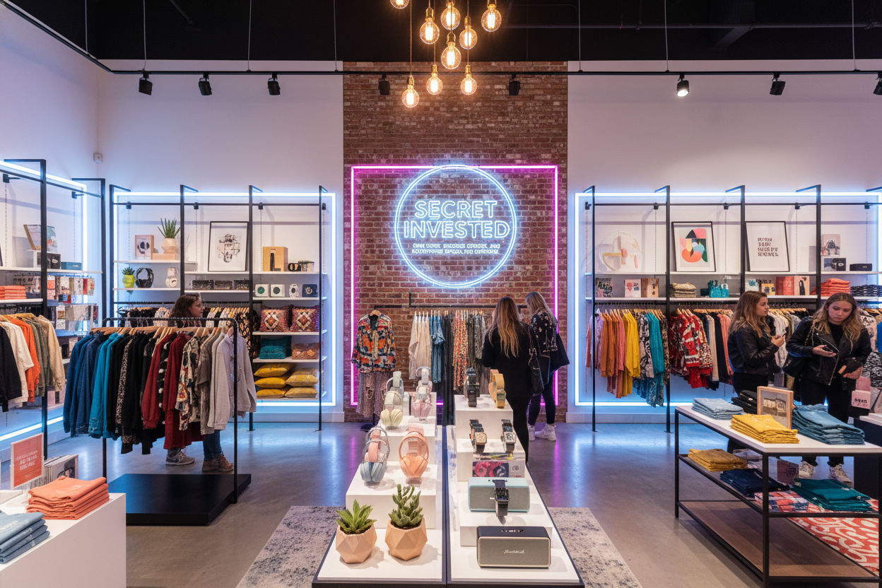 Make it look trendy and modern, like Target or Urban Outfitters. Include a mix of fashion, tech, and home products with vibrant lighting. Add my logo and tagline